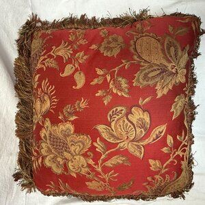 Vintage Red Floral Jacquard Decorative Pillow with Gold Embroidery & Fringe